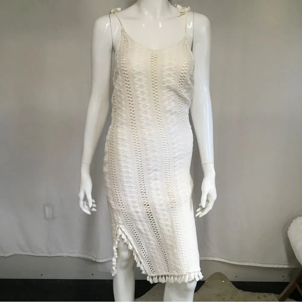Reserved Womens Crochet Tasseled Trim W/ Slit Dress Cover Up Off White XS